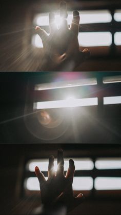 two images of someone's hand with the sun shining through them and their fingers out