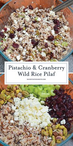 two bowls filled with rice and cranberry wild rice pilaf next to each other