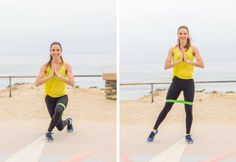 two pictures of a woman doing squats on the beach with her hands in the air