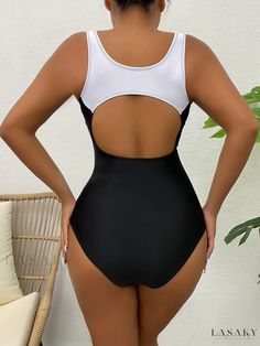 Lasaky - Modern Black and White Color Block Cut Out One-Piece Swimsuit for Women - Ideal for Water Sports, Surfing, and Beachwear - Stylish Scoop Neck Design with Stretchy Fabric - Versatile Swimwear and Apparel Choice Swimsuit For Women, Cut Out One Piece, Black And White Color, Pajama Top, Black And White Colour, Water Sports, Stretchy Fabric, Dress Fabric, Neck Designs