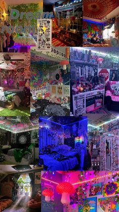 a collage of photos with many different things in them and lights on the walls