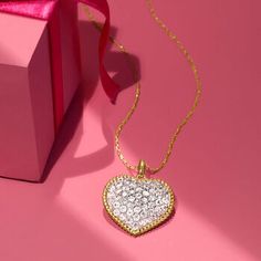 Ross-Simons - 1.00ct t. w. Pave Diamond Heart Pendant Necklace in 14kt Yellow Gold. 20". A sparkling symbol of love, our classic heart pendant necklace illuminates your look with 1.00 ct. t. w. round brilliant-cut pave diamonds in white rhodium. Set in polished 14kt yellow gold and suspended from a rope chain. Springring clasp, pave diamond heart pendant necklace. Diamond birthstones are the perfect gift for April birthdays. Luxury Diamond Pendant Necklace For Valentine's Day, Dazzling Diamond Cut Necklace For Valentine's Day, Luxury Valentine's Day Diamond Pendant Necklace, Luxury Diamond White Heart Necklace For Valentine's Day, Classic Diamond Cut Heart Necklace For Valentine's Day, Luxury Heart Cut Diamond Necklace For Valentine's Day, Classic Diamond Cut Necklace For Valentine's Day, Vvs Clarity Heart Pendant Diamond Necklace For Valentine's Day, Luxury Vvs Clarity Diamond Necklace For Valentine's Day