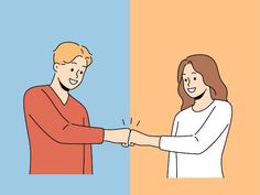 two people shaking hands with each other in front of an orange and blue background,