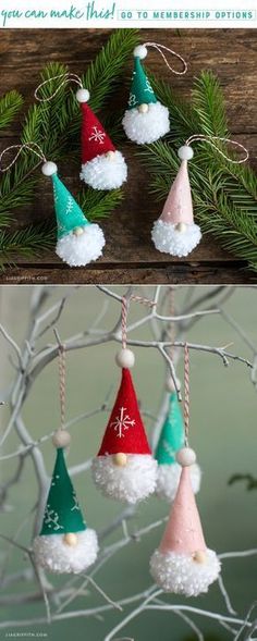 an ornament is hanging from a tree with santa's hats on it