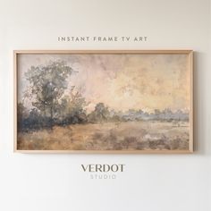 a painting hanging on the wall next to a white wall with words instant frame tv art