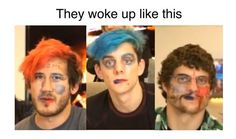 three men with different colored hair and make - up on their faces are shown in this composite image