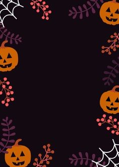 a black background with pumpkins, leaves and spider web on the bottom right corner