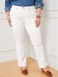 A modern silhouette with a narrow knee and slightly wider hem. Our subtle boot is now offered in a wear-with-everything white denim. Soft and slenderizing, this must-have jean is effortlessly versatile and all-figure flattering. It's an undeniable closet essential! If you have an hourglass figure, try our High-Waist Barely Boot Jeans - Curvy Fit/White. Features Bootcut Full length High waist Fly front with button closure Available in Curvy fit Imported Fit: Inseam: Misses: 32"; Misses Long: 35"; Chic White Straight Bottoms, White Full-length Jeans For Workwear, White Slim Fit Jeans For Fall, White Full-length Jeans For Work, White Full Length Jeans For Work, White Straight Fit Mid-rise Jeans, White Straight Bottoms, White Classic Jeans For Fall, Classic White Jeans For Fall