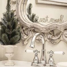 a bathroom sink sitting under a mirror next to a potted pine tree in a vase