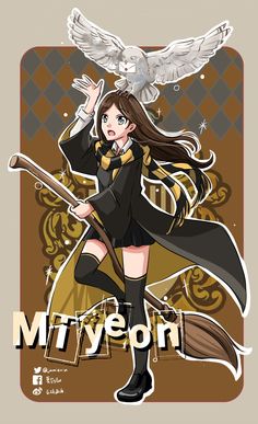 an anime character with long hair and black clothes, holding a broom in her hand