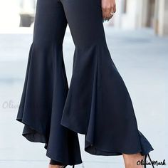 Olivia Mark - Plus Size Gothic Pants, Women's Plus Solid Flared Leg Slight Stretch Comfort Trousers Gothic Pants Women, Navy Blue Trousers, Plus Size Gothic, Gothic Pants, Blue Trousers, Irregular Hem, How To Hem Pants, Graduation Outfit, Casual Trousers