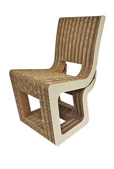 a chair made out of wood and wicker with a white frame on the back