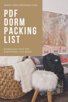 the dorm packing list is displayed on top of a wooden table with baskets and clothes