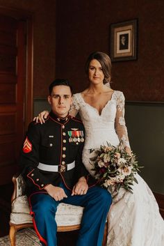 a bride and groom sitting on a chair