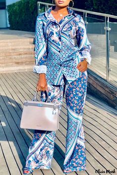 Olivia Mark - Womens Elegant Blue Floral Print Two-Piece Set featuring a Stylish Turndown Collar, Long Sleeve Shirt, and Pants. Shirt Collar Styles, Wide Leg Pant Suit, Mode Kimono, Two Piece Pants Set, Turndown Collar, African Fashion Dresses, Fashion Pattern, Two Piece Set, Two Piece Outfit