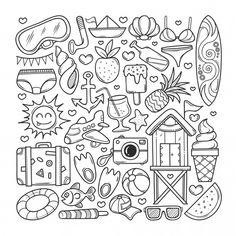 a black and white line drawing of various things in the shape of a square frame