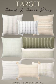 four pillows with different stripes on them and the words simply lovely living written in white