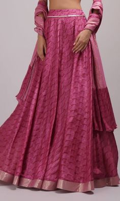 Rose pink attached cancan lehenga with abstract print and zari border. Paired with a deep neck embroidered blouse and dupatta. - Aza Fashions Aakanksha Singh, Flared Lehenga, Cape Lehenga, Cancan Lehenga, Kurta Lehenga, Lehenga Pattern, Lehenga Skirt, Cotton Viscose, Bridal Lehenga