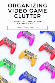 video game clutter organized with colorful controllers