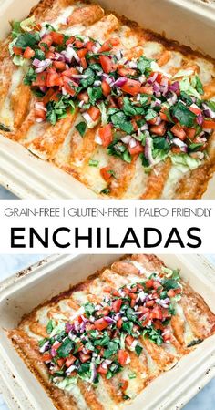 an enchiladas casserole is shown in two separate pans with the same topping