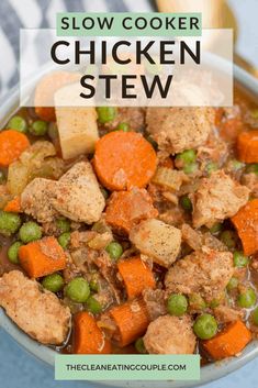 slow cooker chicken stew in a bowl with peas and carrots