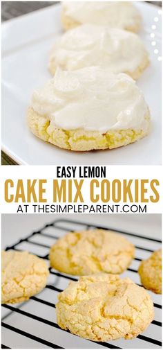 easy lemon cake mix cookies on a cooling rack with the recipe title in the middle