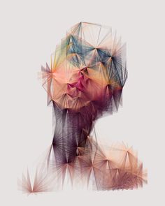 an abstract image of a woman's face with multiple colored lines and shapes on it