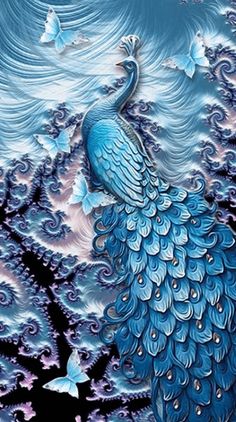 a painting of a blue peacock with white butterflies