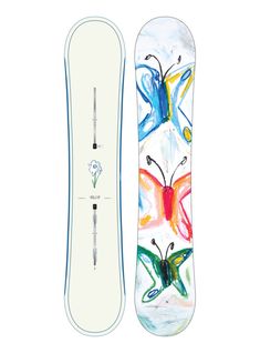 the snowboard is painted with butterflies and flowers on it's back end,