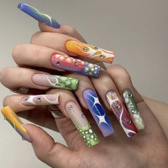 Graffiti Nails, Retro Nails, Drip Nails, Glow Nails, Long Acrylic Nails Coffin, Kawaii Nails, Fabulous Nails