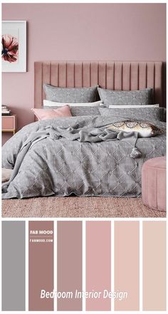 a bedroom with pink walls and grey bedding in the center, along with matching accessories