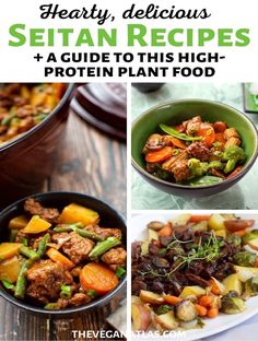 four different pictures with the words hearty, delicious, and vegetarian stews on them