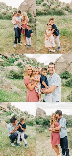 the family is posing for pictures together in their natural surroundings with rocks and grass behind them