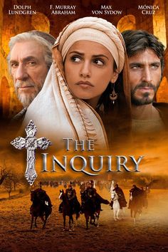 the inquiry movie poster with two men riding horses and one woman on horseback