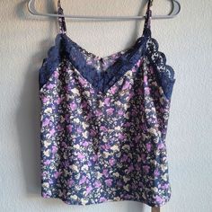 (Brand New, With Tags) Purple Lace Trim Top For Spring, Purple Cotton Camisole Top, Blue Floral Print Camisole Tank Top, Purple Cami Tank Top For Spring, Purple Cotton Sleeveless Camisole, Purple Sleeveless Cotton Camisole, Blue Floral Print Spaghetti Strap Tops, Purple Tank Camisole For Spring, Purple Cami Top For Spring