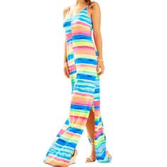 Neon Striped Maxi Dress Side Slits Shown In Pic Nwot Spring Multicolor Split Maxi Dress, Multicolor Split Maxi Dress For Spring, Multicolor Split Dresses For Vacation, Multicolor Spring Dresses With Side Slits, Fitted Multicolor Maxi Dress With Side Slits, Multicolor Fitted Dress With Split, Fitted Multicolor Dress With Side Slits, Fitted Multicolor Dress With Split, Spring Multicolor Maxi Dress With Side Slits