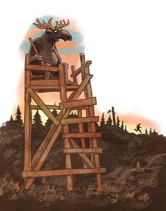 a drawing of a moose sitting on top of a wooden structure