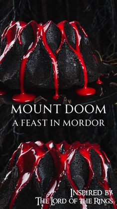 two cakes with red icing on them and the words mount room, a feast in mordor