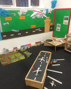 a play area with toy airplanes and toys on the floor