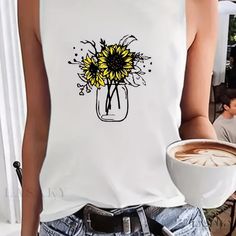 Lasaky - Chic Sunflower Print Crew Neck Tank Top, Versatile Sleeveless Summer Top for Womens Wardrobe Womens Wardrobe, Sleeveless Tops Summer, Sunflower Print, Summer Tank Tops, Sleeveless Vest, Women's Wardrobe, Tankini Top, Vest Top, Summer Top