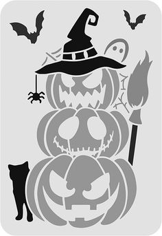 a black and white image of halloween pumpkins with bats flying around the top, on a gray background