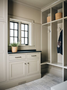 a white kitchen with cabinets and a potted plant