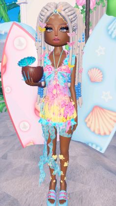 a girl in a colorful dress holding a coconut and an ice cream sundae on the beach