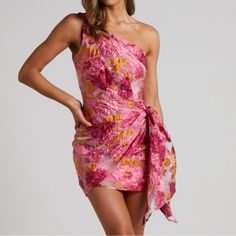 Perfect Cocktail Wedding Guest Dress - Nwt. Ties Around The Waist With A Large Bow. Material Is Thick And Textured. Tag Says Size 12 But Fits Like Us8. Floral Print Mini Dress For Wedding, Fitted Floral Print Mini Dress For Wedding, Fitted Mini Dress For Wedding Guest During Prom Season, One Shoulder Summer Evening Dress For Wedding, Elegant Floral Print Mini Dress For Wedding, One Shoulder Evening Dress For Summer Wedding, Feminine Floral Print Evening Party Dress, One Shoulder Summer Wedding Evening Dress, Pink Mini Dress For Wedding Guest