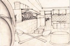 a drawing of a kitchen with pots and pans