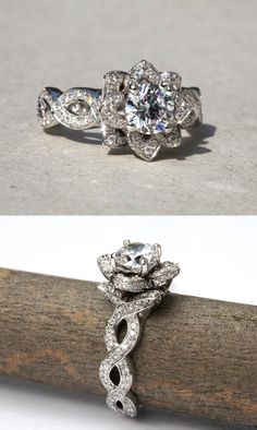 two different views of an engagement ring with diamonds on top and the same view in bottom