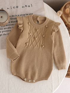 Baby Girls Sweater , Warm Knitted Khaki-Colored One-Piece With Pom-Pom And Wavy Texture, Elastic And Cozy, Perfect For Home, Vacation And Travel, Autumn And Winter Camel Casual  Long Sleeve Knitwear Plain Bodysuits Medium Stretch  Baby Girls Clothing, size features are:Bust: ,Length: ,Sleeve Length: Knitting For Baby, Travel Autumn, Home Vacation, Baby Knitwear, Girls Sweater, Baby Winter, Khaki Color