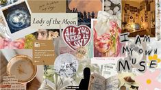 collage of images with words and pictures on them that say, lady of the moon i am my own mouse