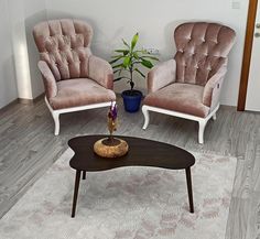 a living room with two chairs and a coffee table in front of a potted plant