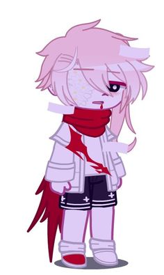 an anime character with pink hair and black shorts, wearing a white jacket and red scarf